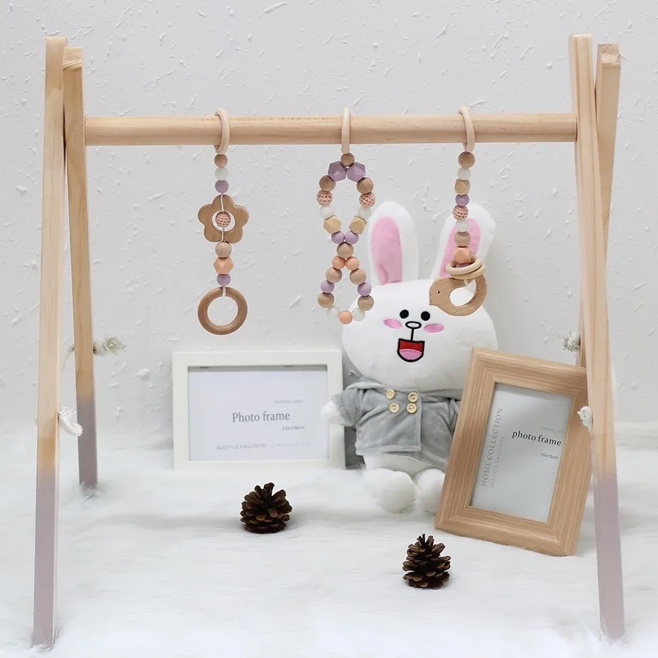 

Baby Rattle Teether Play Gym Toy Safe Silicone Wood Babe Hanger Toys Toddler Teething Wooden Teether Nursery DIY Newborn Gift