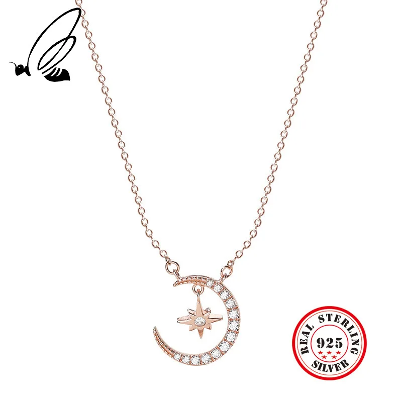 

100% 925 Sterling Silver Sparkling Hexagon Star And Moon Pendant Necklace Rose Gold Women Chain Charm Necklace Women Collar Gift