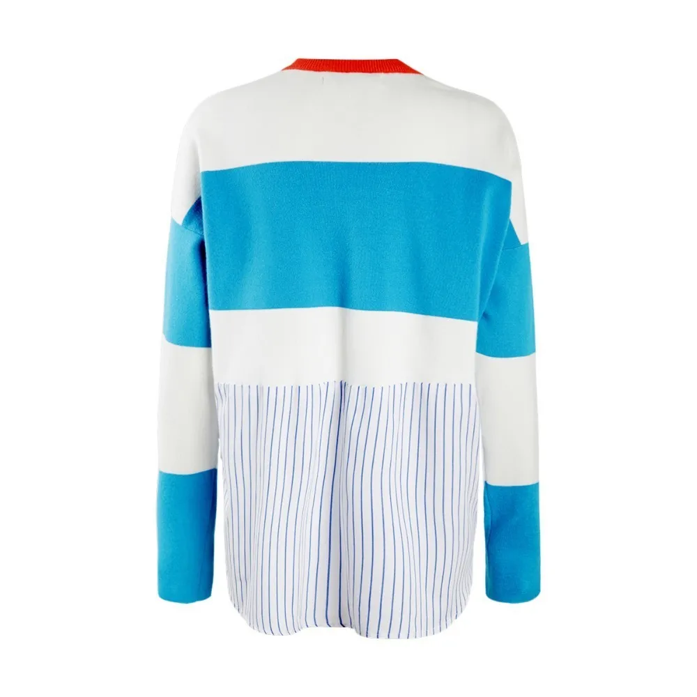 HDY Haoduoyi Loose V-collar colour-impact knitted sweater with wide stripe splicing arc hem HDY Haoduoyi Loose V-collar colour-impact knitted sweater with wide stripe splicing arc hem