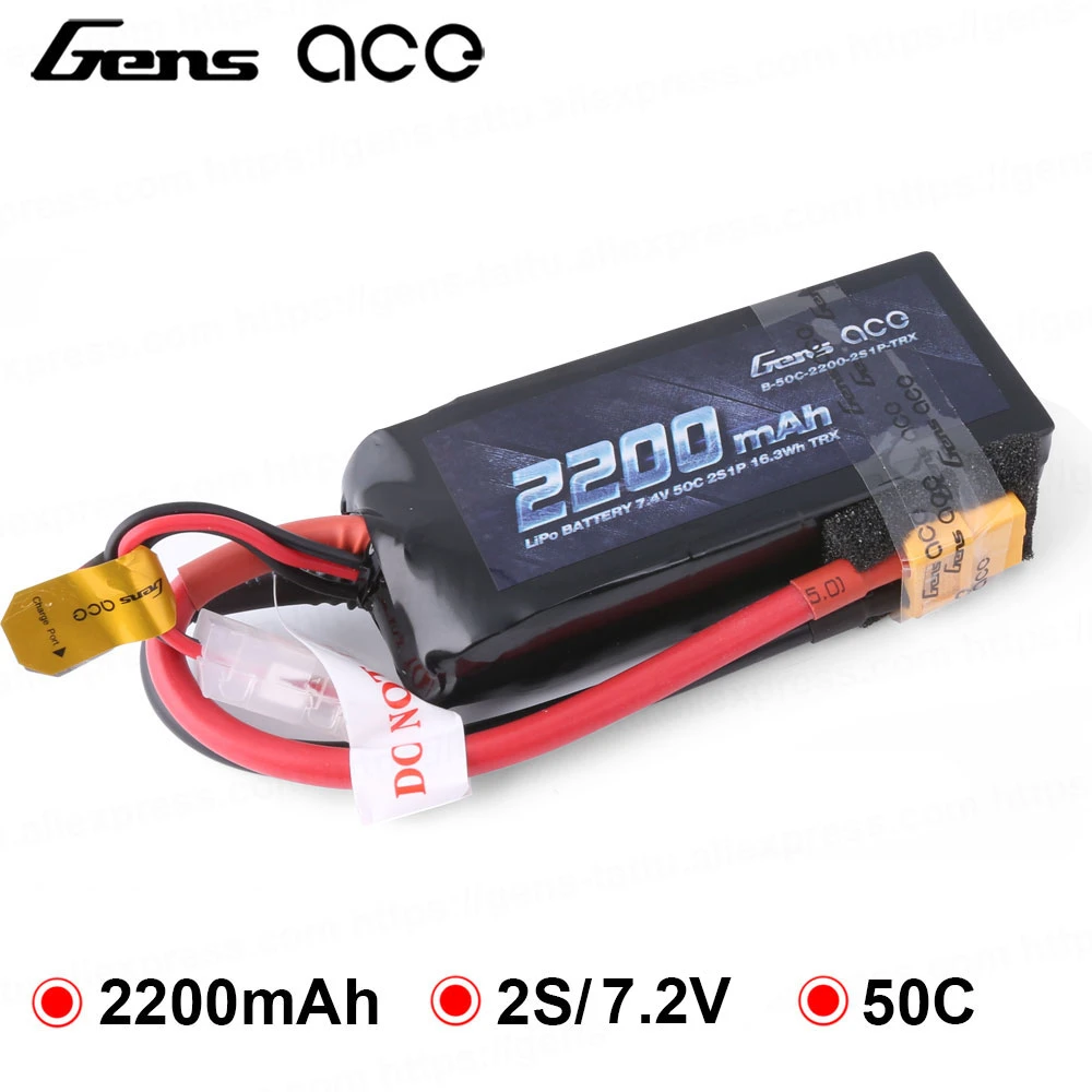 Gens Ace 2s Lipo Battery 2200mah 7.4v 50c Xt60 Trx Plug For Traxxas