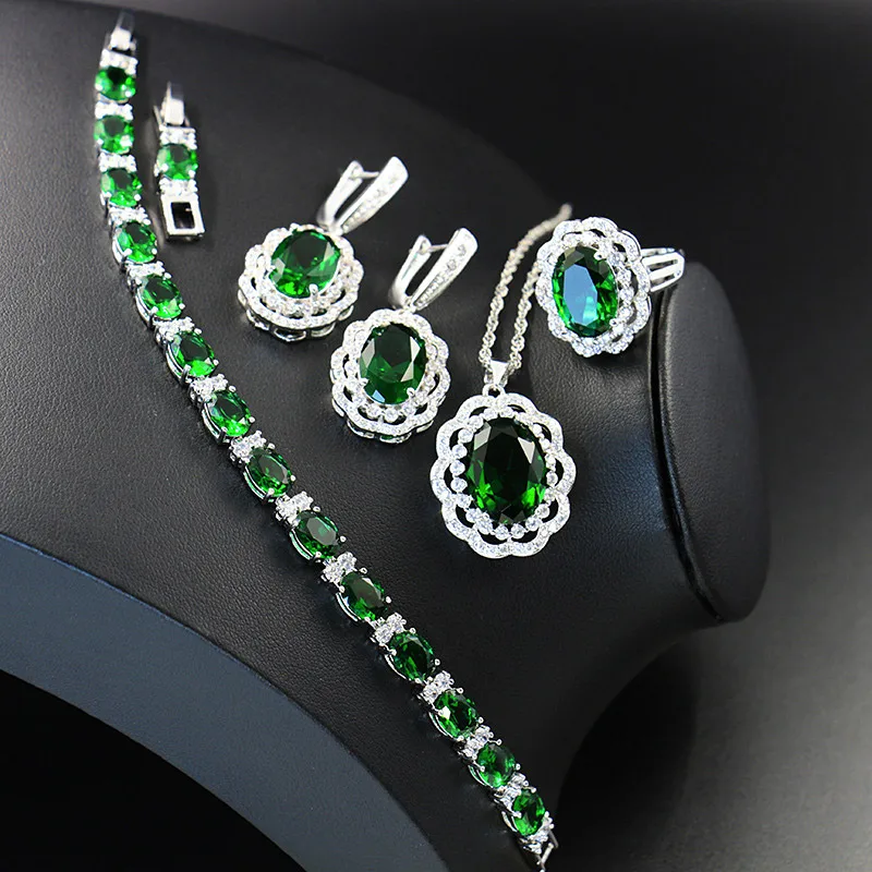 

925 Sterling Silver Bridal Jewelry Set For Women Green Crystal Necklace Earrings Ring Pendant/Bracelets Valentine's Day Gift