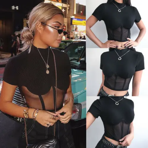 

HIRIGIN New Women's Casual/Party Black Mesh T-Shirt Top Ladies Short Sleeve Sheer Knitted Top