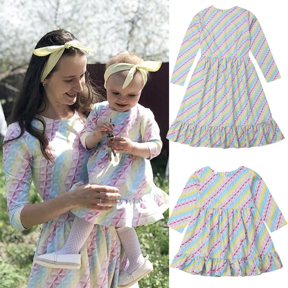 

Mother And Daughter Colorful Rainbow Striped Dress Ruffles Long Sleeve Knee-length A-Line Dress Outfit 1-6 Girls