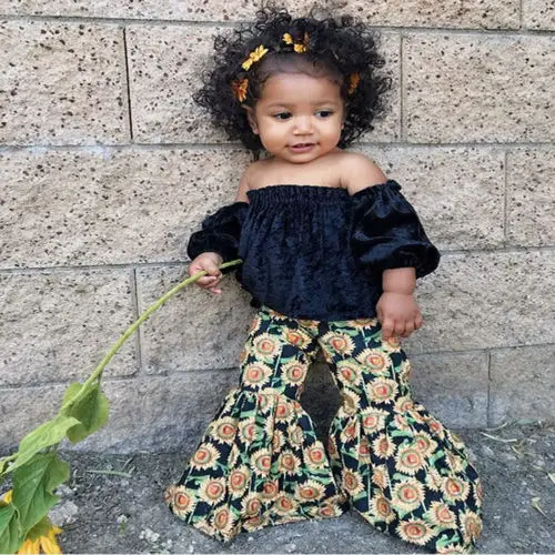 2Pcs Boutique Kids Baby Girl Off Shoulder Velvet Top+Bell Bottom Flare