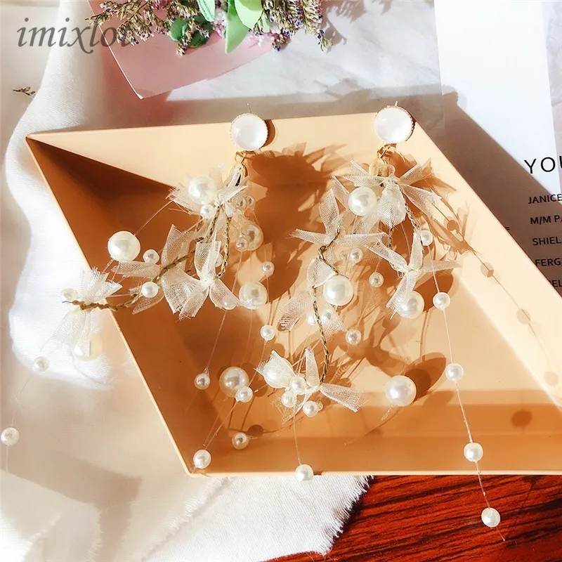 

2019 New Korean Sweet Fairy Lace Bowknot Simulated Pearl Tassel Long Earrings For Women Fashion Wedding Brinco Gifts