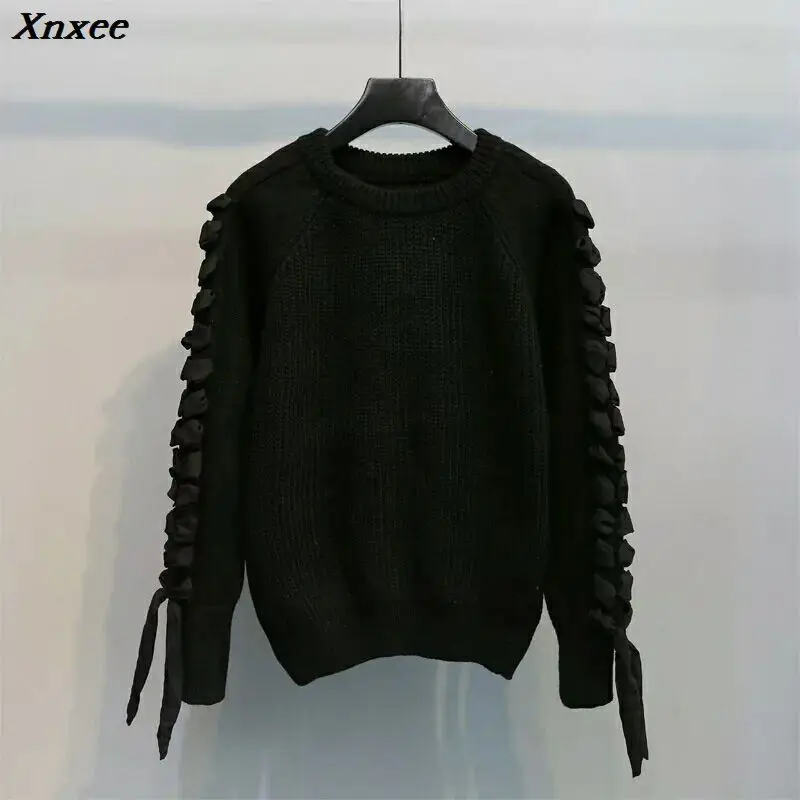 Xnxee Apricot Sleeve Lace Up Loose Sweater 2019 Fall Women New Red Sweaters thick Pullovers Knitted Tops