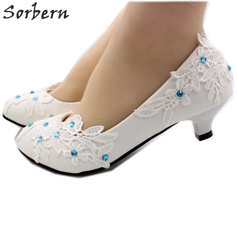 Sorbern Blue Crystals Lace Flower Wedding Pump Shoes 3Cm Low Heel