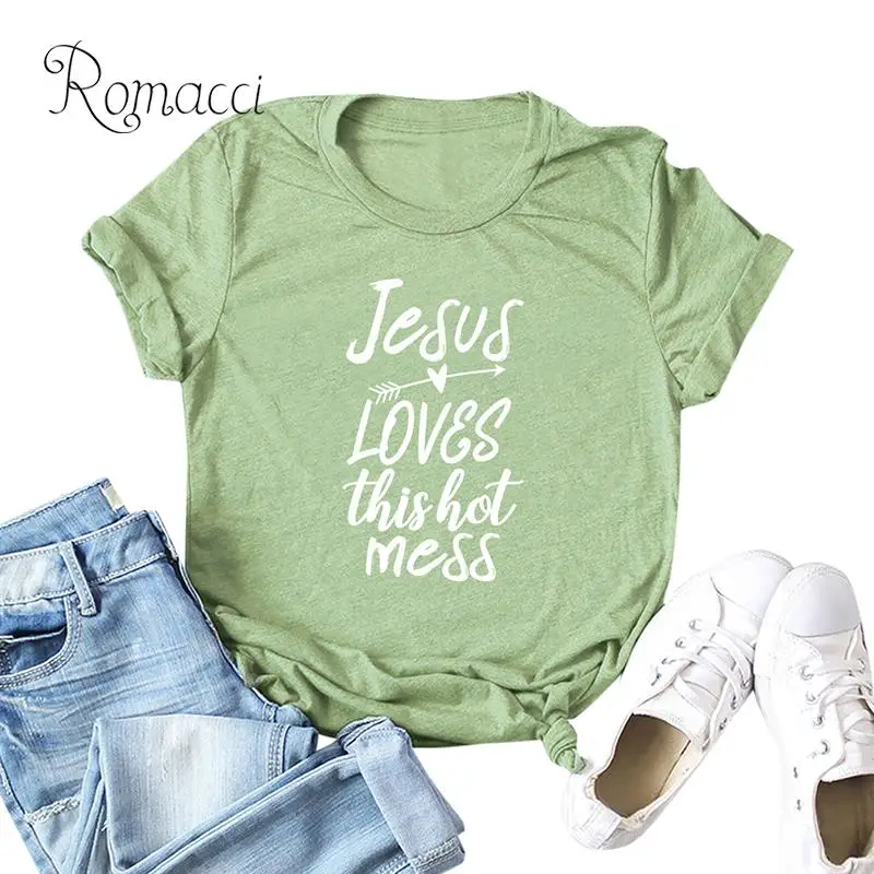 

Romacci Camiseta mujer Summer Women Jesus Loves This Hot Mess Cotton T-Shirt Letter Print O Neck Short Sleeve Oversized Top 5XL
