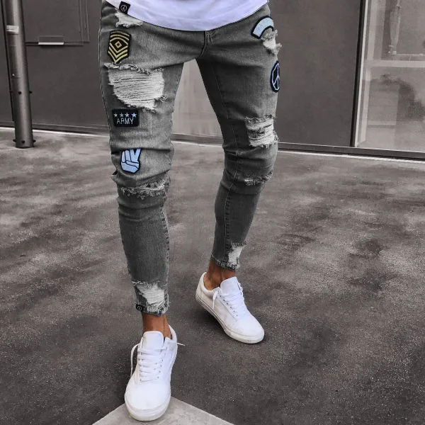 Homme Jeans Hip Streetwear Hommes Ciel Genou Noir Zipper O8r2 bleu Slim Déchirés pu Pantalon Du Vêtements Trous Serrés Fit gris Hop 1r7q1z
