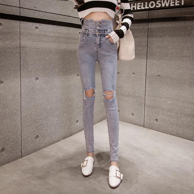 2019 Ripped Jeans Women Tight Skinny Woman Stretch Jean Female Trousers Korean tight hole little pencil pants | Женская одежда