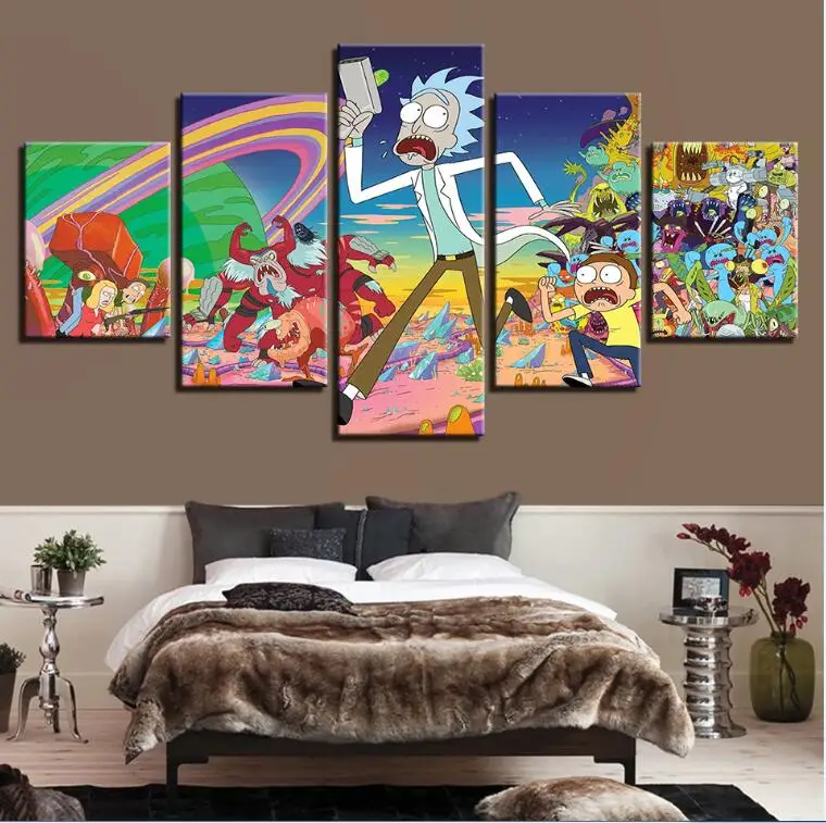 

Canvas Modular Decoration HD Wall Posters Picture On Art Home 5 Panel Rick And Morty Living Room Printed Modern Painting Frame