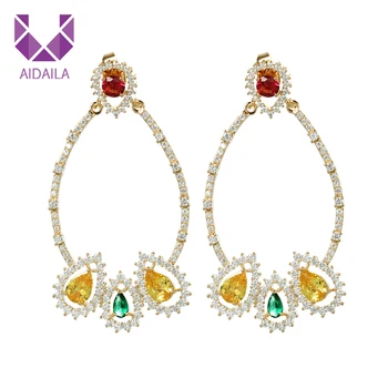 

Dangle Drop Earrings with Full AAA+ Cubic Zirconia Zircon Yellow Color Gold Red Colorful India Wedding Gift for Bride New Arriva