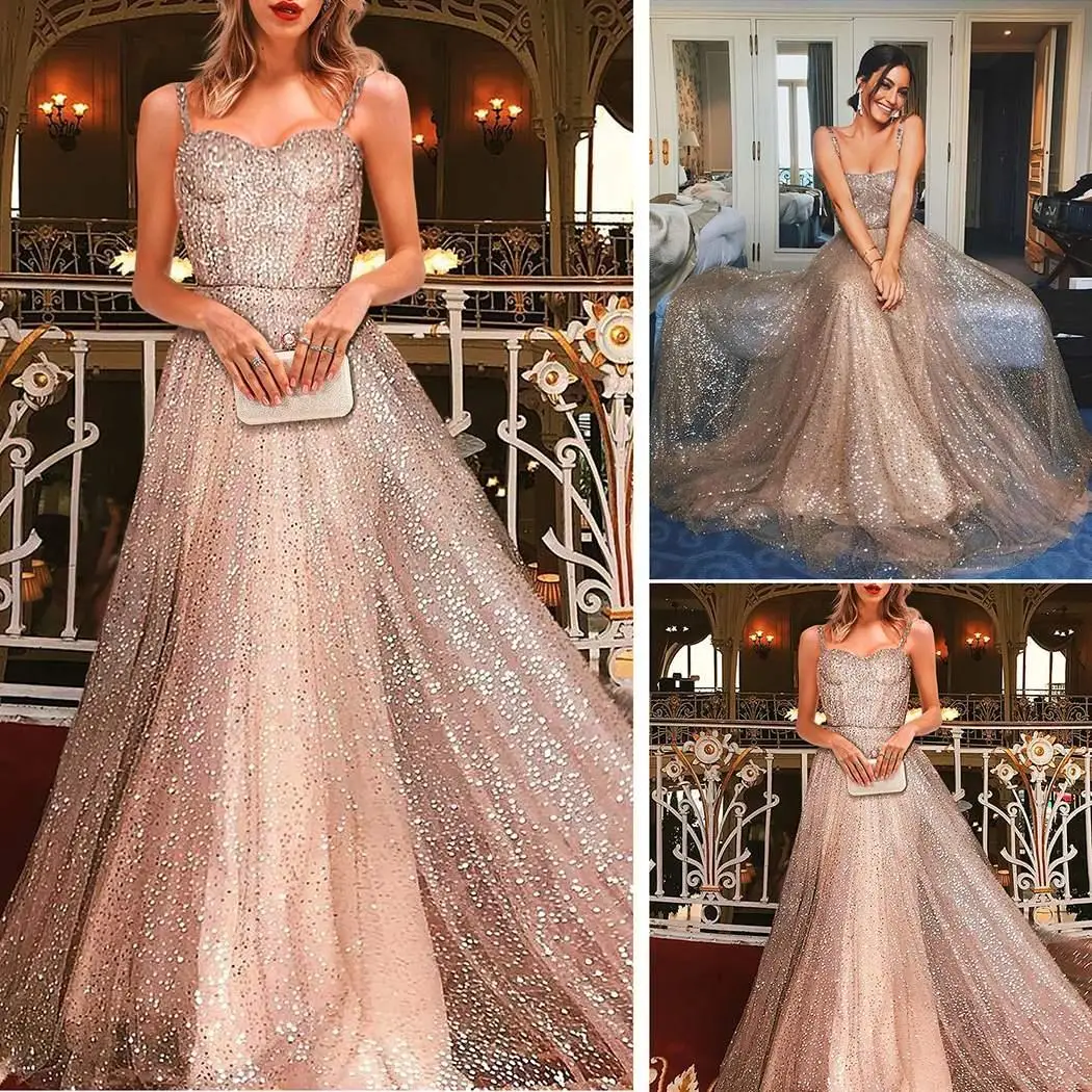 

Women Dress Formal Strapless Collar Sleeveless Spaghetti Loose Sequin Strap Medium Waist Floor Length Zipper Dress