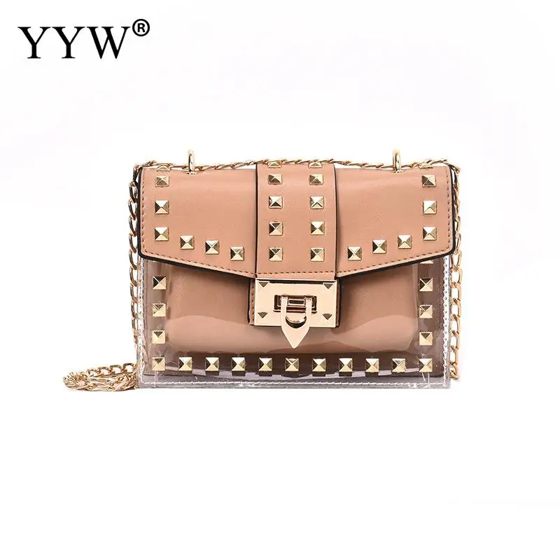 بو الجلود برشام رصع مربع حقيبة شفافة Crossbody حقيبة رائعة لينة سطح بولسا الأنثوية الذهب سلسلة عارضة الأزياء حقيبة