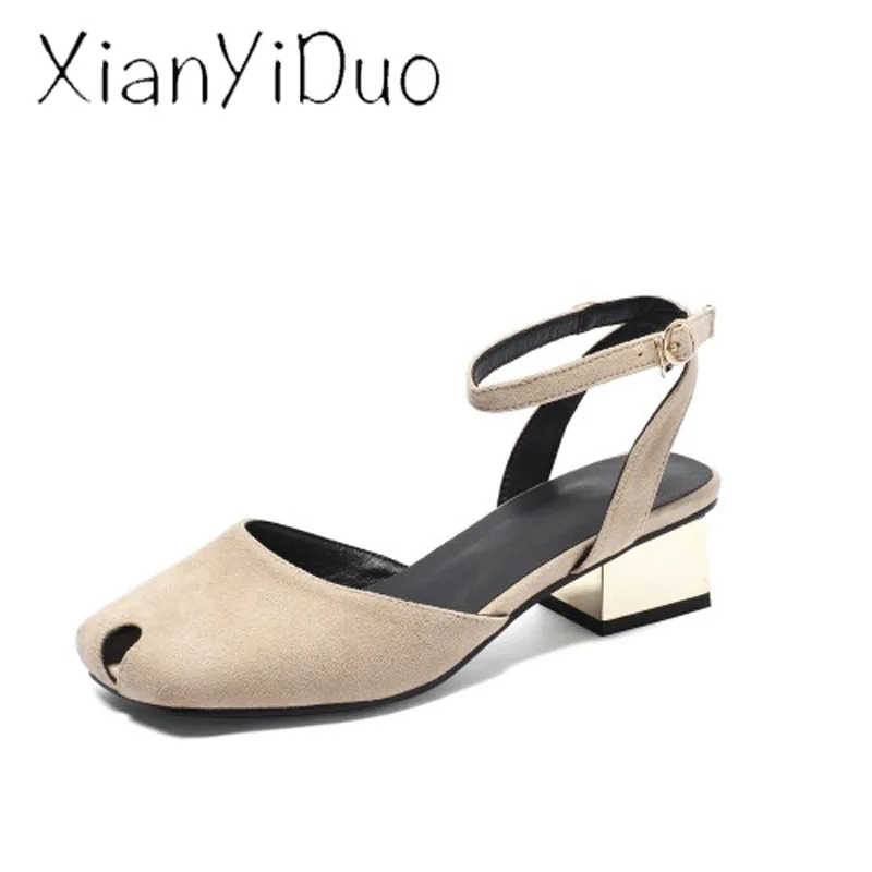 

2019 new flock Summer Casual Women's shoes sandals red closed toe peep Toe Middle Heel large size 34-43 /h72