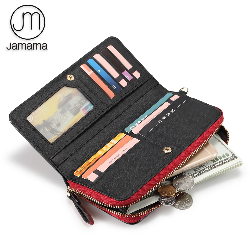 Женские кошельки Jamarna красные кожаные с клатчем и держателем для карт на молнии