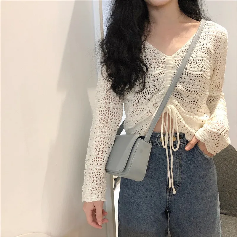 

Bohemian V Neck Drawstring Female Blouse Shirt Casual Wear Hollow Out White Shirt Top Casual Summer Top