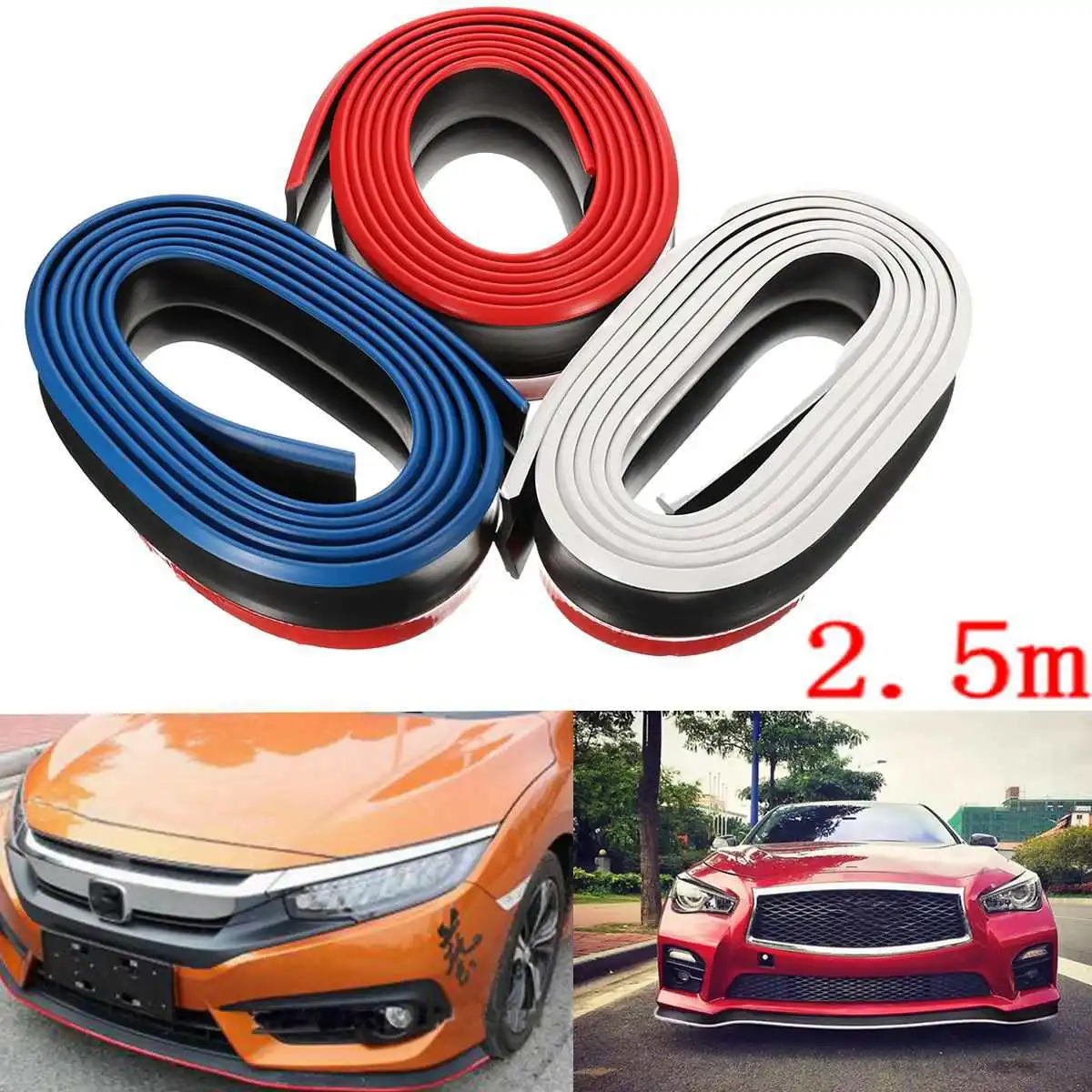 

3 Color 2.5m Car Front Bumper Lip Splitter Chin Spoiler Skirt Rubber Protector Body Kit