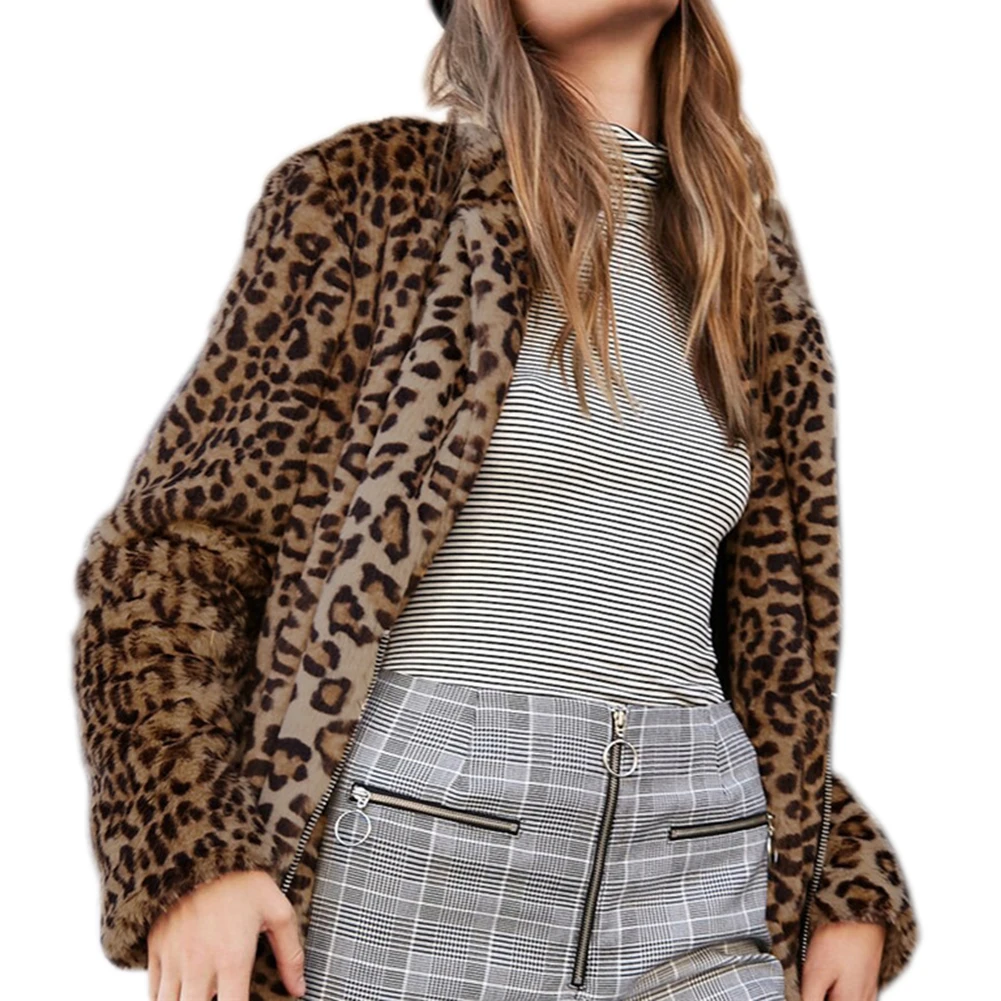 Womens Leopard Print Faux Fur Zipper Keep Warm High Quality Short Coat