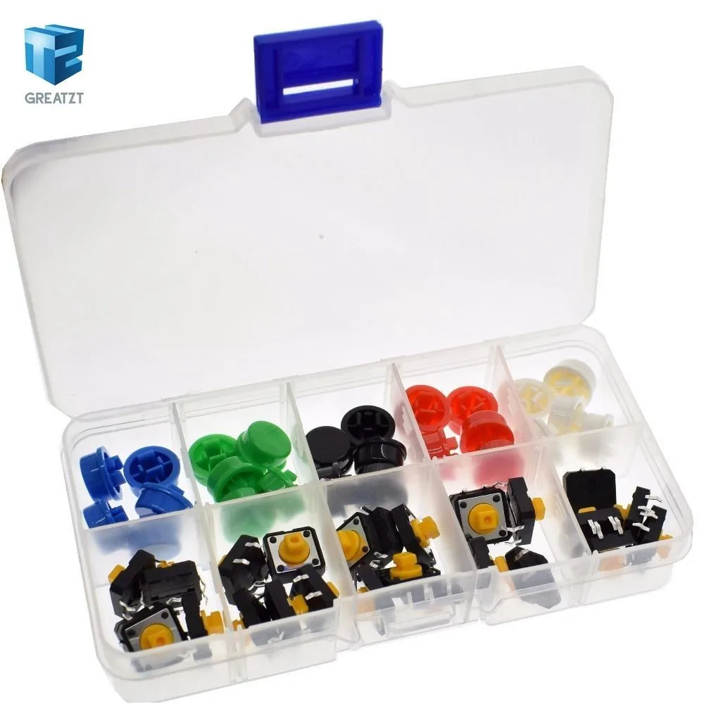 

5 Colors 12*12*7.3MM Micro Switch Button Tact Cap Tactile Push Button Switch Momentary 25Pcs/Set for Arduino with case