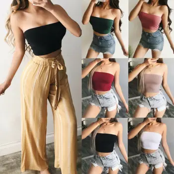 

Women Boob Tube Strapless Stretch Bra Tops Ruffled Pullover Underwaist