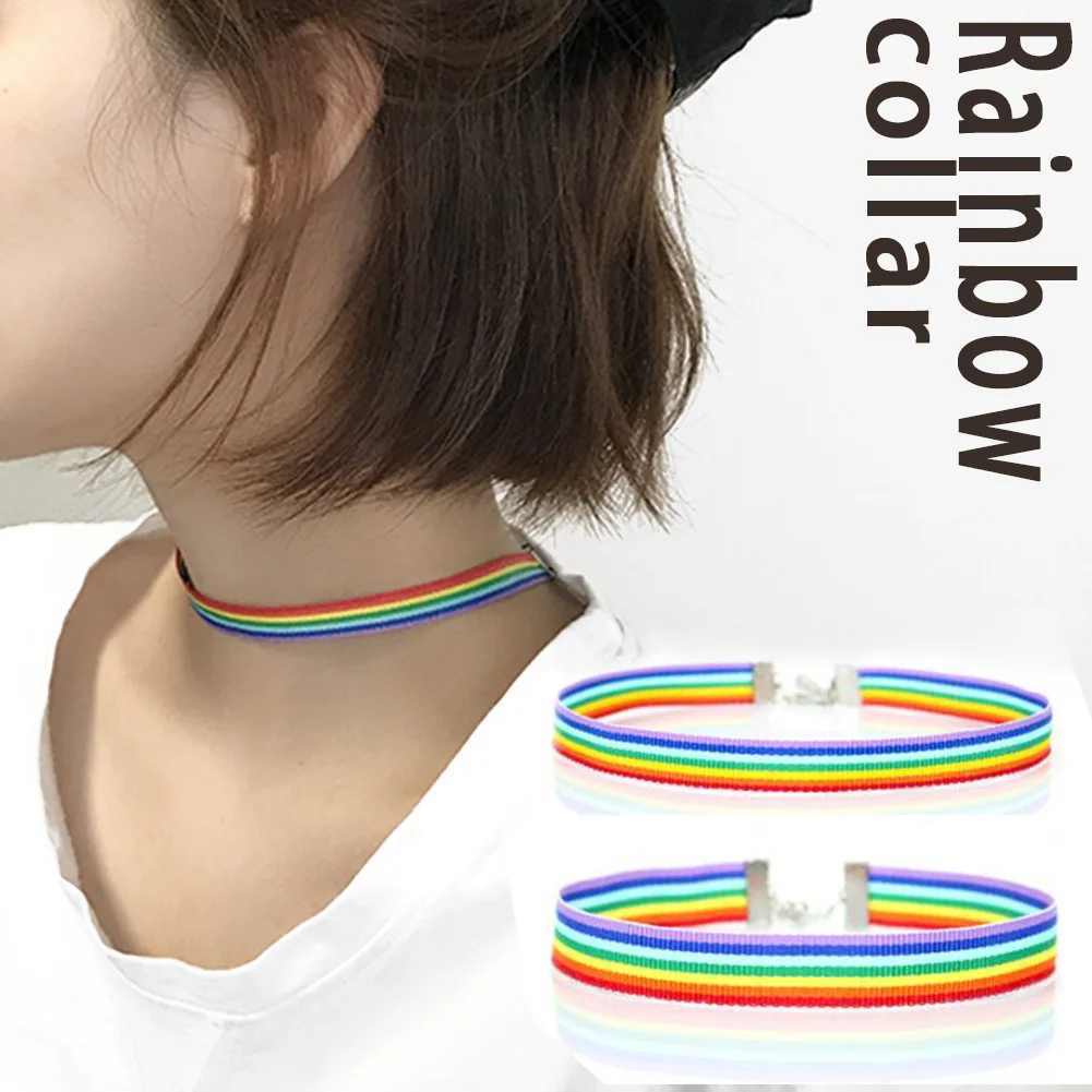 

Men Women Gay Pride Rainbow Choker Necklace LGBT Gay and Lesbian Pride Lace Chocker Ribbon Collar with Pendant Jewelry