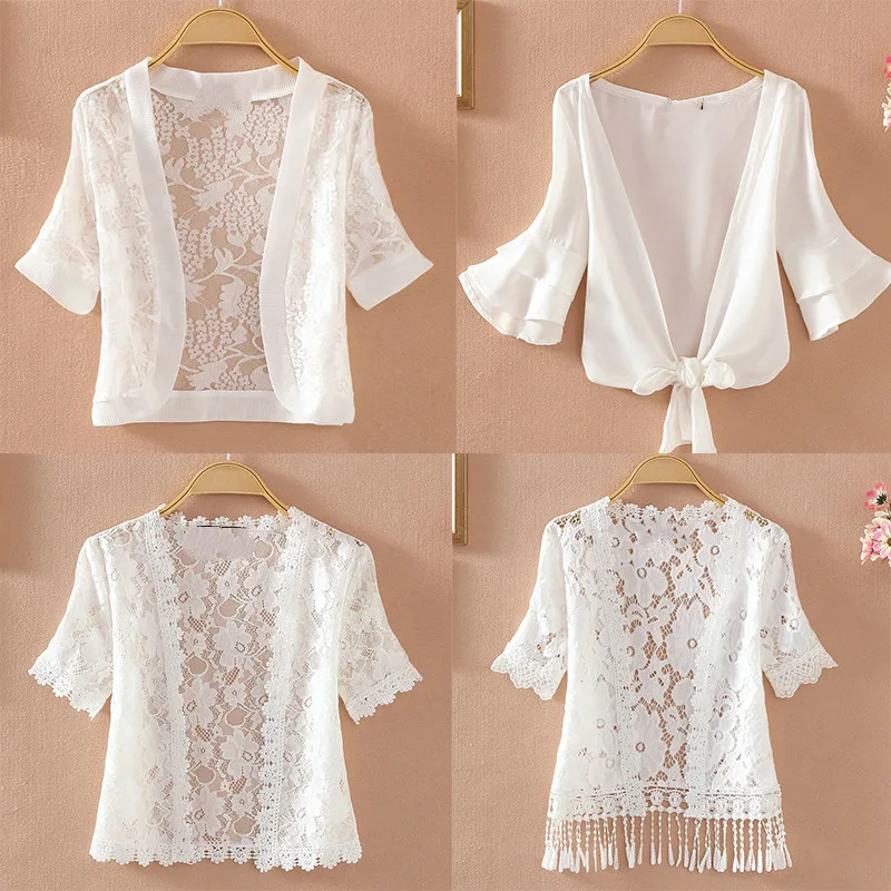 Summer Thin Lace White Shirt Women's Sunscreen Chiffon Blouse Short Sleeve Hollow Out Cardigan Tops Camisas Mujer 2019