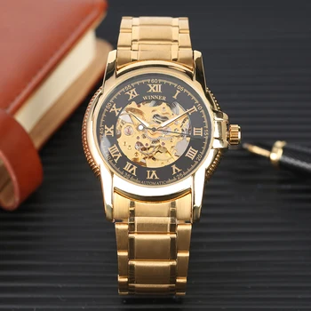 

Classic Skeleton Mechanical Watch Golden Stainless Steel Hollow Out Automatic-self-winding Mechanical Wristwatch horloge dames