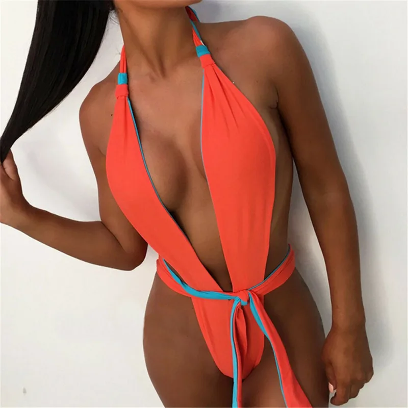 

Sexy Backless One Piece Swimsuit Women Swimwear Female Deep V-bar Bather 2019 Bathing Suit Swim Lady Monokini