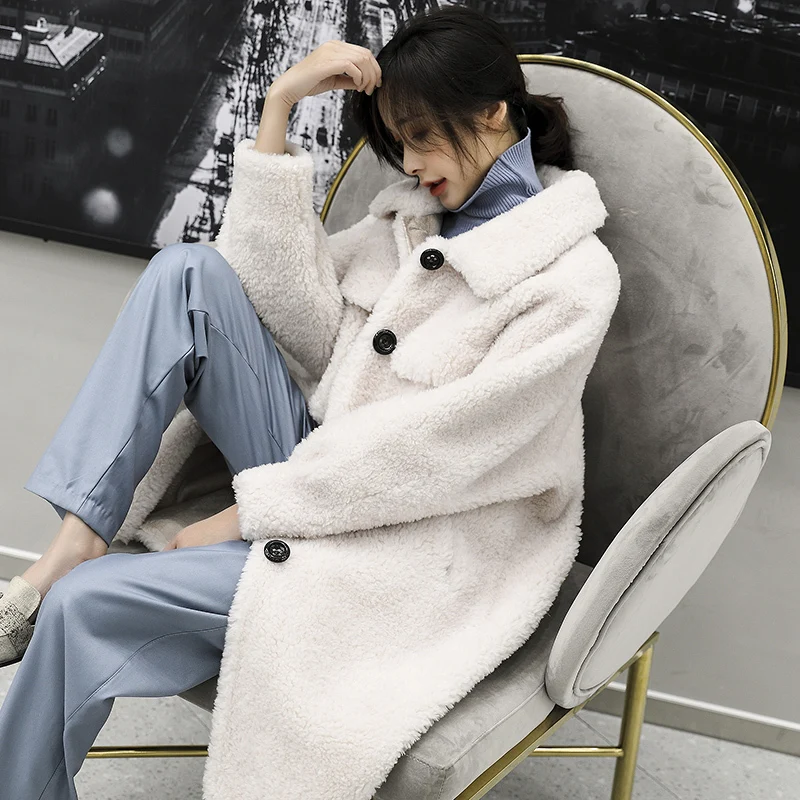 Real Fur Coat Shearing Jacket Sheepskin Winter Coat Women 2018 Lamb Wool Korean Single-breasted Thick Warm Long Overcoat OKD574