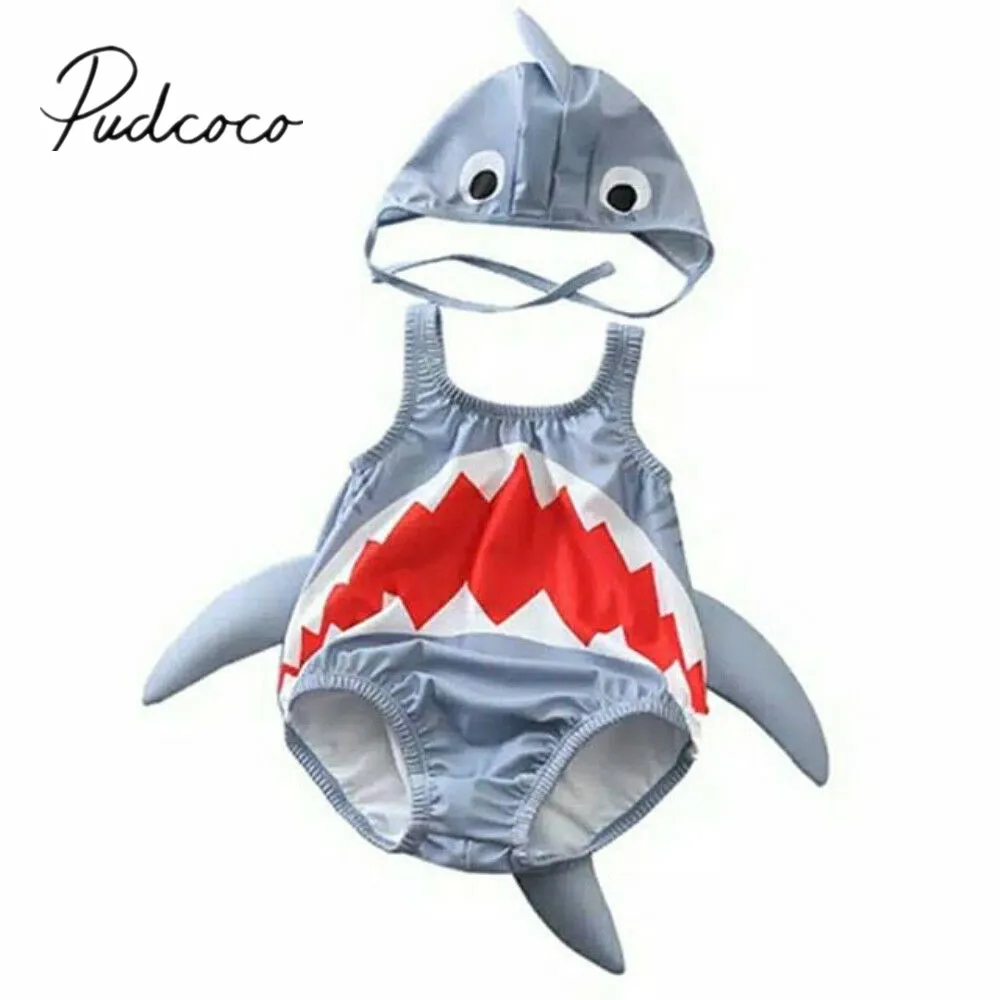 

2019 Brand New 1-6Y Toddler Kids Baby Girl Boy Cartoon 3D Shark Swimwear Hat 2PCS Swimsuit Bikini Swimwear Summer Bathing Suit
