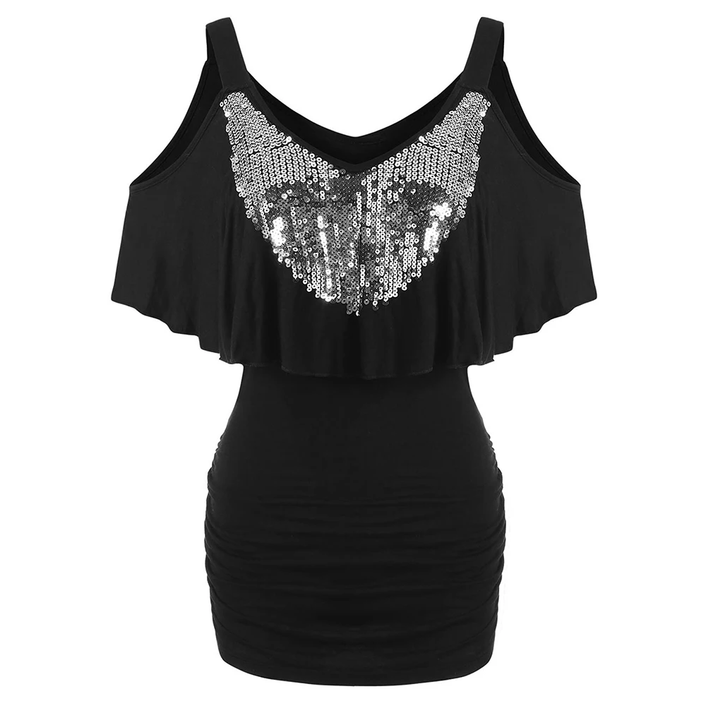 

Wipalo Summer Fashion Ruffle Sequin Cold Shoulder Tee Women T Shirts Paillette Spaghetti Strap Short Sleeve V Neck Ladies Tops