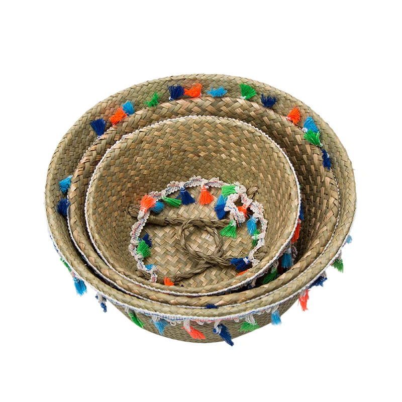 WHISM Tassel Style Flower Basket Decoration Garden Flower Pots Planters Handmade Bamboo Storage Baskets Dirty Laundry Hamper