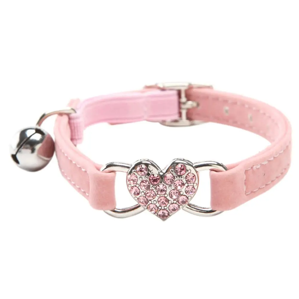

LBER Heart charm and bell cat collar safety elastic adjustable with soft velvet material collar pet product small S pink Puppies