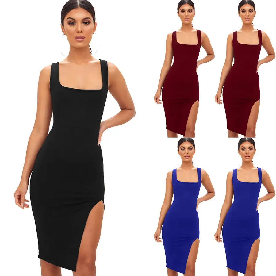 

Fashion Brand Newest Sexy Women Bandage Solid Sleeveless Party Clubwear Midi Dress Sundress Solid Split Hot Shoulderless Dresses