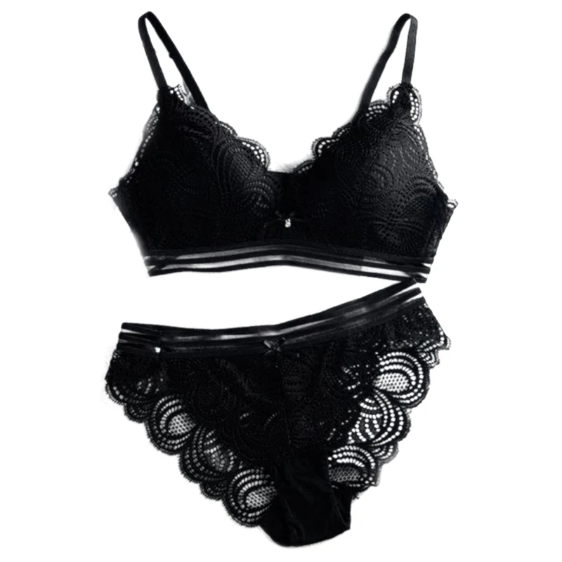 

New Bra Sets Triple-cornered Thin Mold Cup Floral Women Underwear Fashion No Steel Ring Lace Light Bra Briefs Set