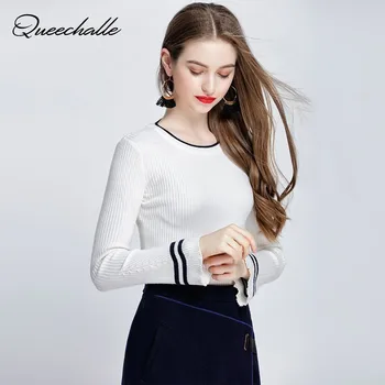 

Queechalle 2020 Autumn Basic Sweater Women Round Neck Stripe Edge Flare Sleeve Pullover Sweaters Female Knitted Jumper Tops