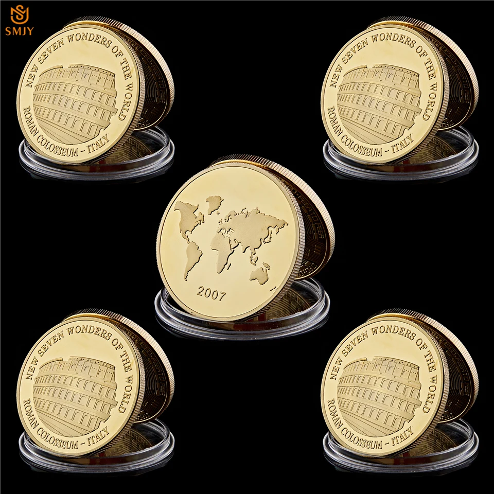 

5Pcs/Lot Gold Plated New Seven Wonders Of The Wolrd Italian Colosseum Gold Coin Collection And Souvenirs Gifts