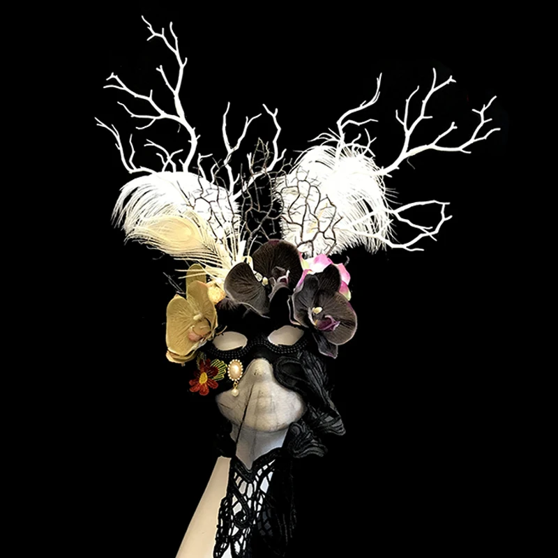 

Fashion Women Girl Antler Hairbands Flower Lace Veil Mask Halloween Party Headwear Hair Accessories Ball Dancing Party Masks