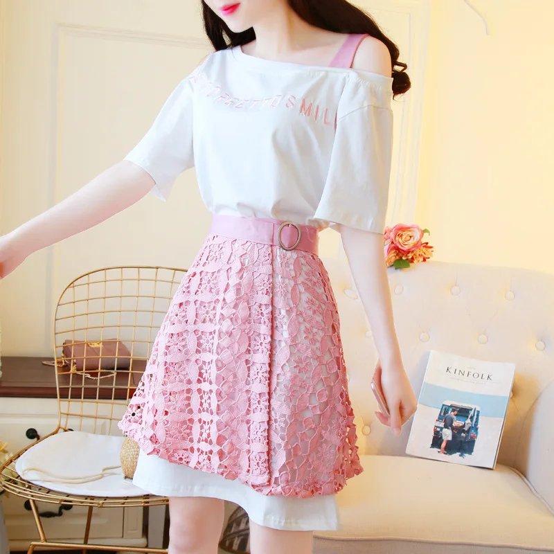 

2019 Spring New Style Lady Shirt Lace Two Piece Set Dress Elegant Ladies Casual Temperament Female Embroidered Dames Jurken A171