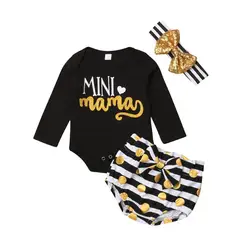 Модные хлопковые комплекты для новорожденных девочек, комбинезон с длинными рукавами и буквенным принтом, полосатые шорты в горошек с