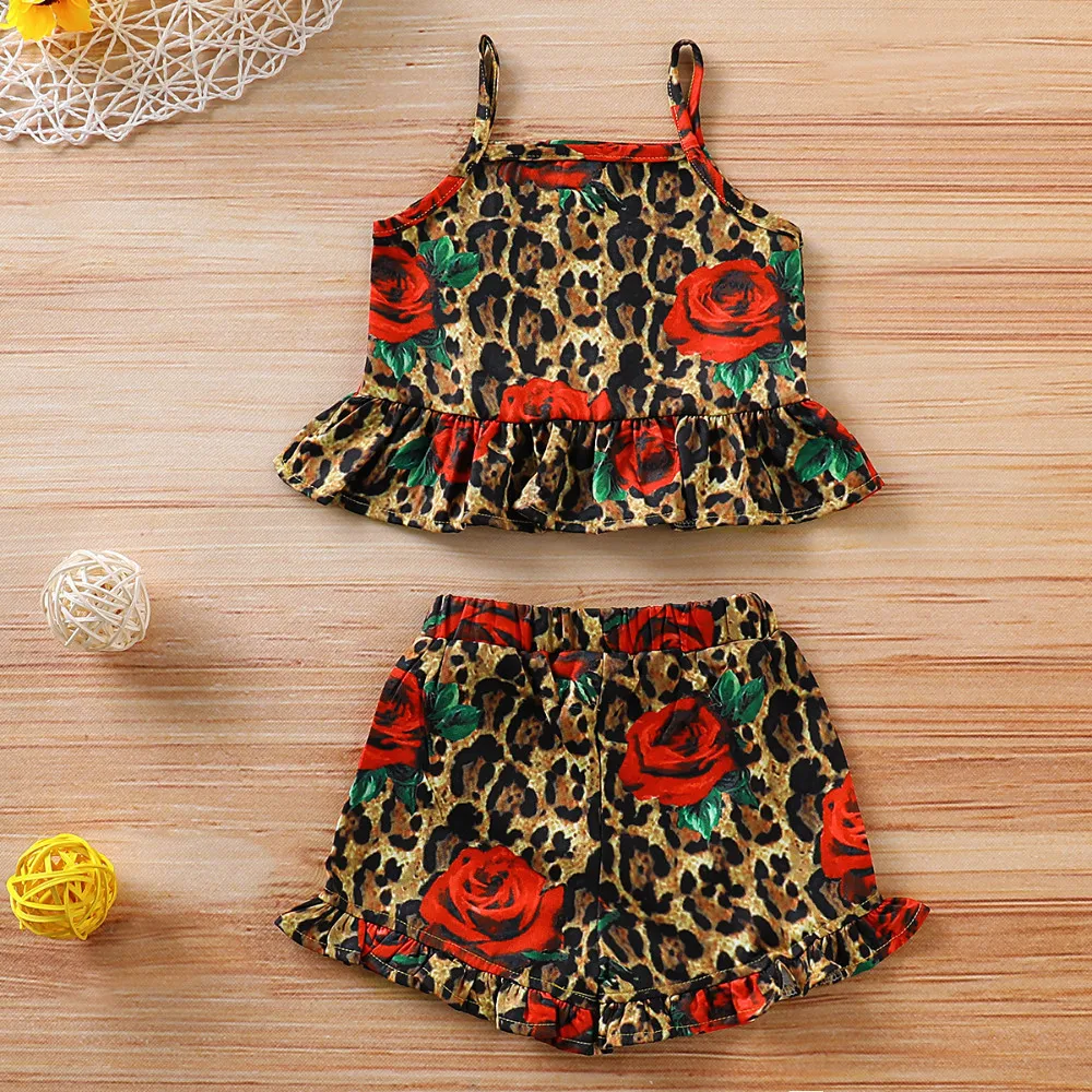 

Baby Girl Summer 2 Piece Sleeveless Suit Leopard Print Sling Jacket + Pants Children Fashion Casual New Clothing