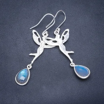 

Natural Blue Fire Labradorite Handmade Angel 925 Sterling Silver Earrings 2.25" A0993