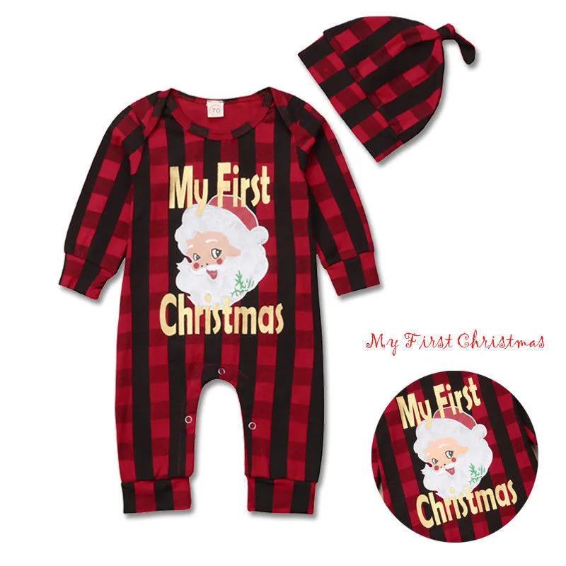 

2PCS Set Baby Boys Girls Red Plaid Hat+Christmas Santa Romper Jumpsuit MY FIRST CHRISTMAS Clothes Outfit