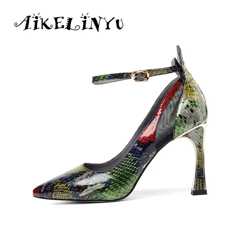 

AIELINYU High Quality Snake Texture Genuine Leather Pumps Sexy Woman Bridal Wedding Shoes Spring Cusp Toe Office Career Shoes