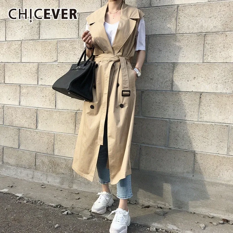 CHICEVER Летняя Повседневная однотонная женская ветровка с отворотом и рукавами, жилет с поясом и карманами, свободное тонкое женское пальто, модная новинка