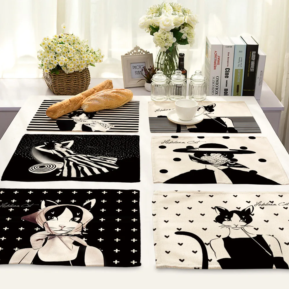 

Creative Mrs Cat Print Table Mats For Dining Table Nature Linen Placemat Bowl Cup Coasters for Kitchen