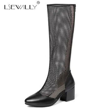

Lsewilly 2019 Womens Shoes Ladies Sexy High Heel Mid Calf High White Black Air Mesh Boots Patchwork Summer Women Sandals E896