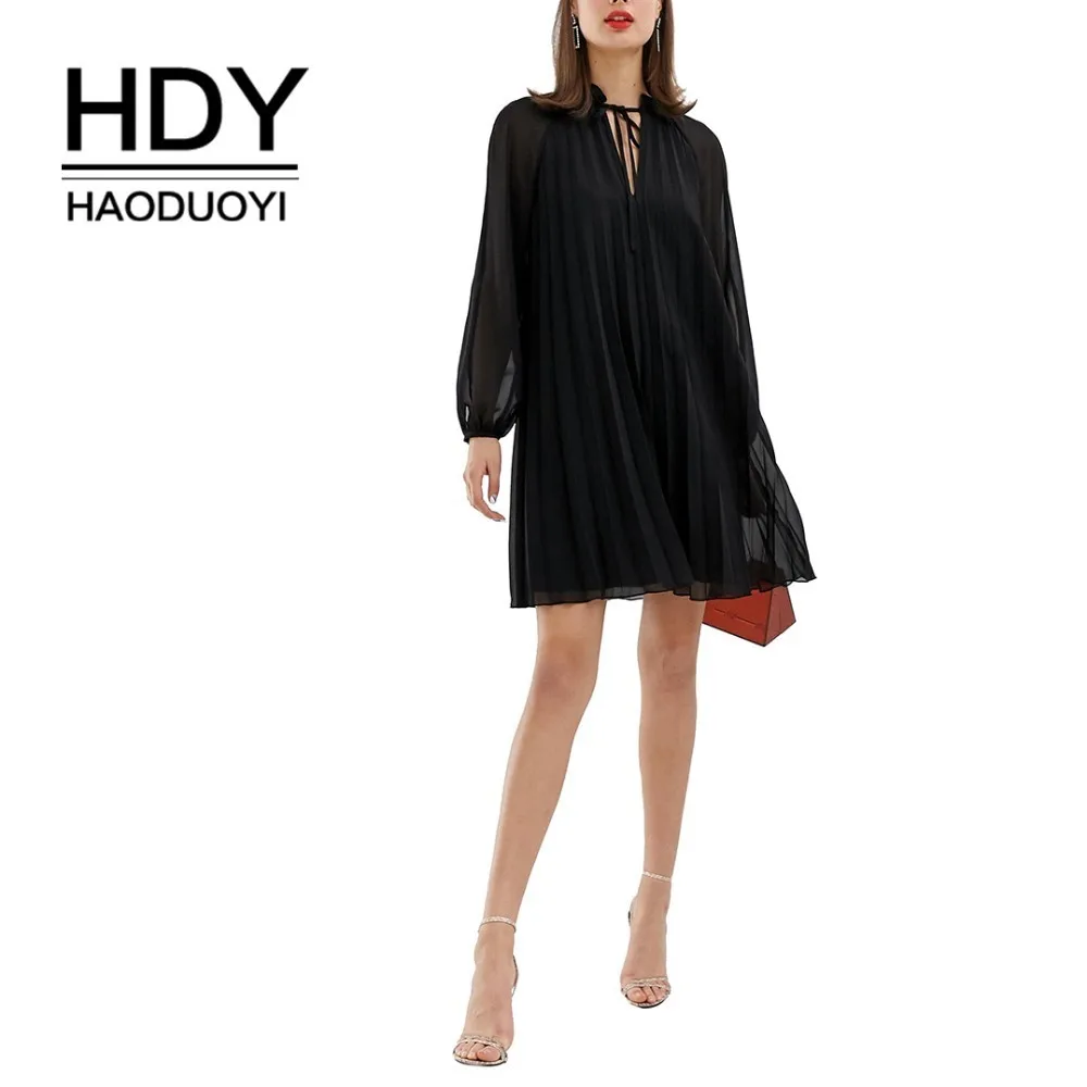 

HDY Haoduoyi Simple Commuting Fashion Top Pleated Trapezoidal Wide Bow Tie Dress New Arrival Dress