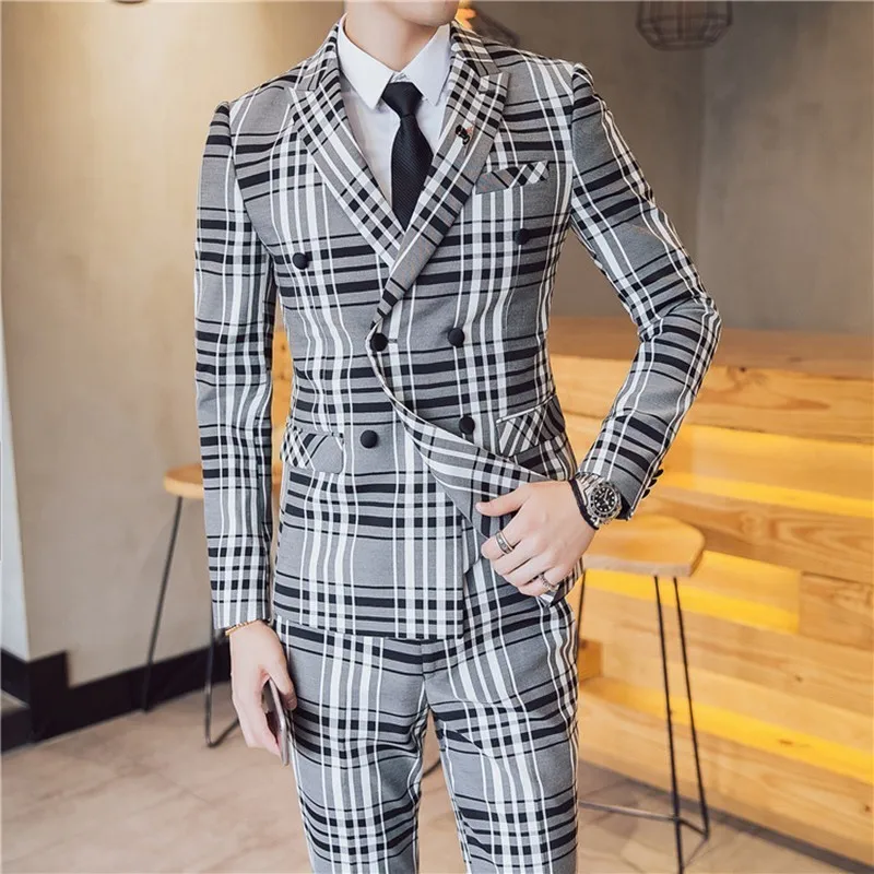Suits Men British Latest Coat Pant Designs Mens Suit Slim Fit Plaid Stage Performance Wedding Dress Tuxedos Suits Men British Latest Coat Pant Designs Mens Suit Slim Fit Plaid Stage Performance Wedding Dress Tuxedos